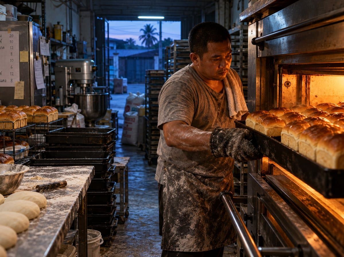 Aof Artisan Bakery — a Thai baker pulling a tray of fresh milk bread from the oven before dawn in his Hua Hin bakery