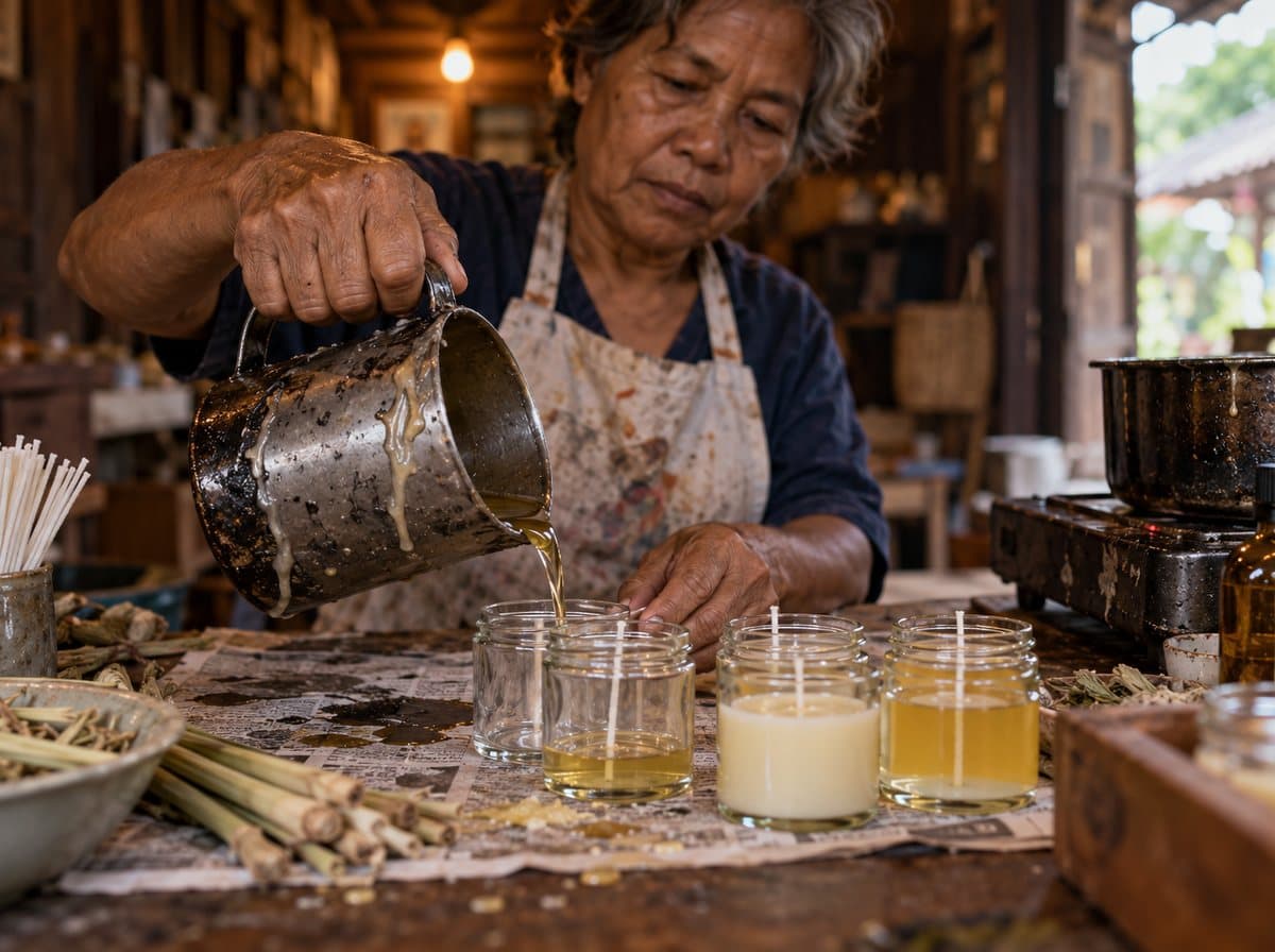 Som, a Thai soap and candle maker, pouring wax into glass jars in her wooden Chiang Mai workshop
