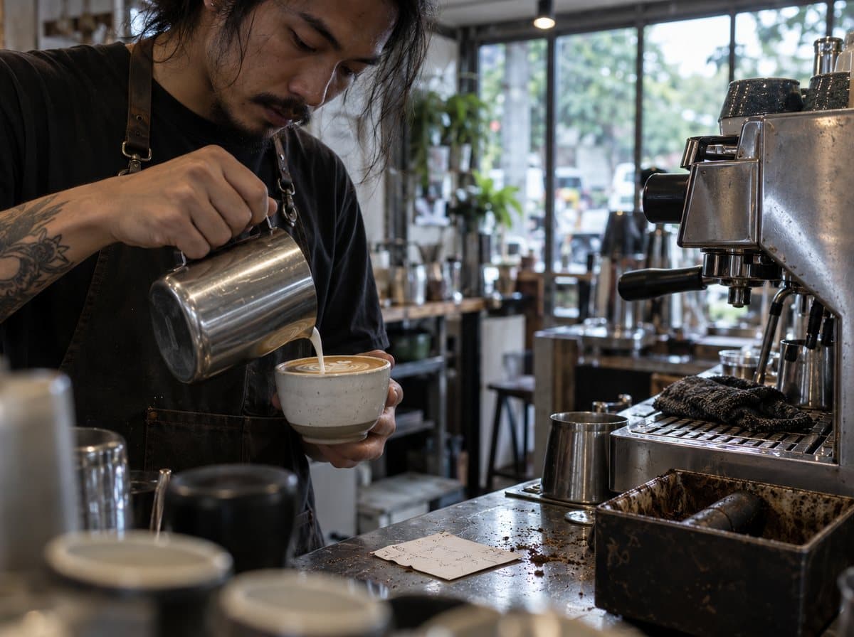 Beam Specialty Coffee — a Thai barista pouring latte art at a Chiang Mai coffee bar