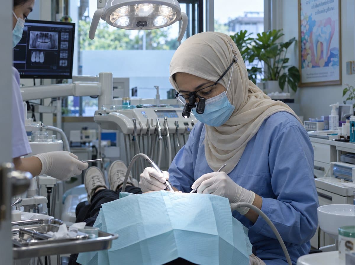 Thai dentist in a hijab and mask treating a patient in a Hat Yai clinic