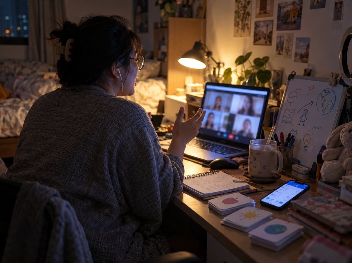 Fon, a Thai English tutor, teaching an online lesson from her cluttered desk at home at night