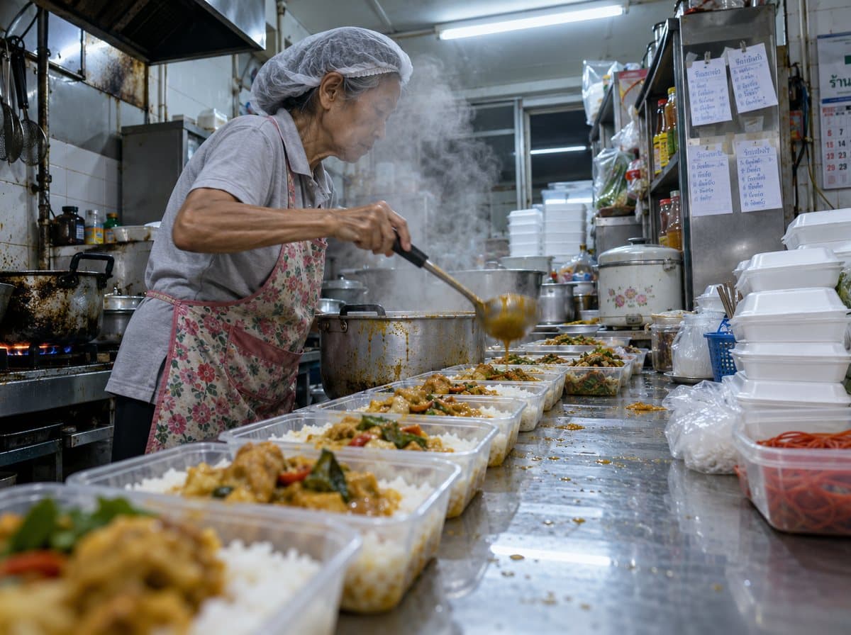 Thai home cook packing meals into takeaway containers in her kitchen