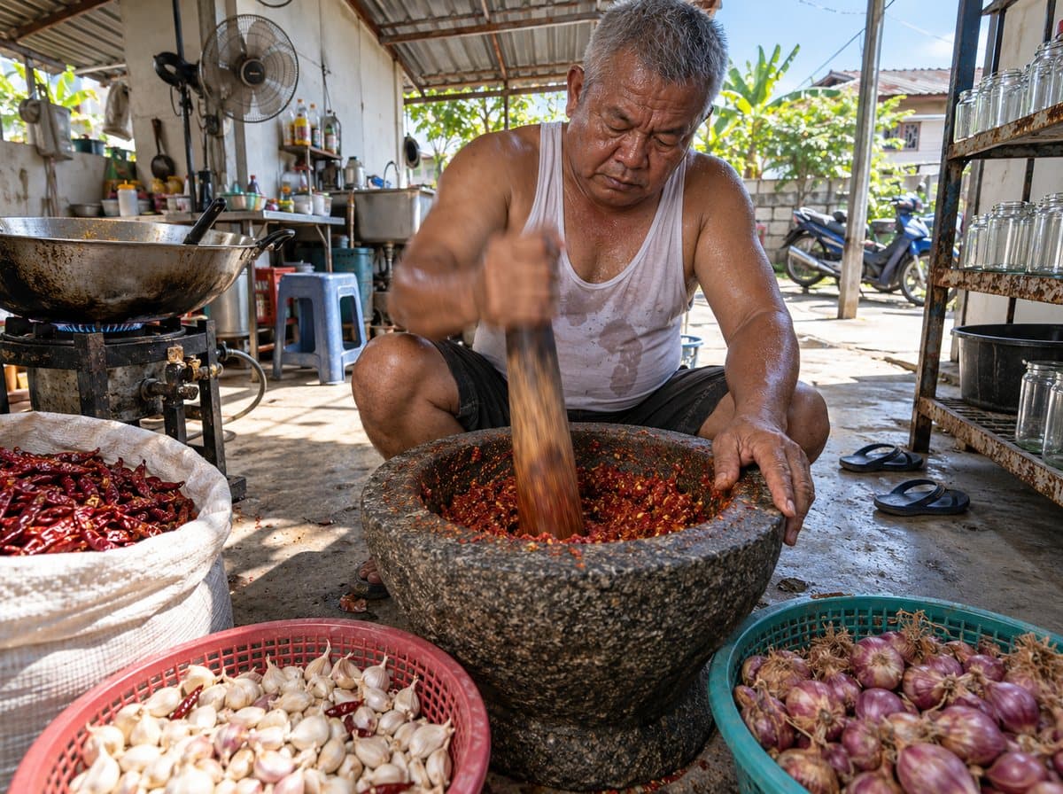 Lek, a Thai home food maker, pounding chili paste in a stone mortar beside rows of empty glass jars