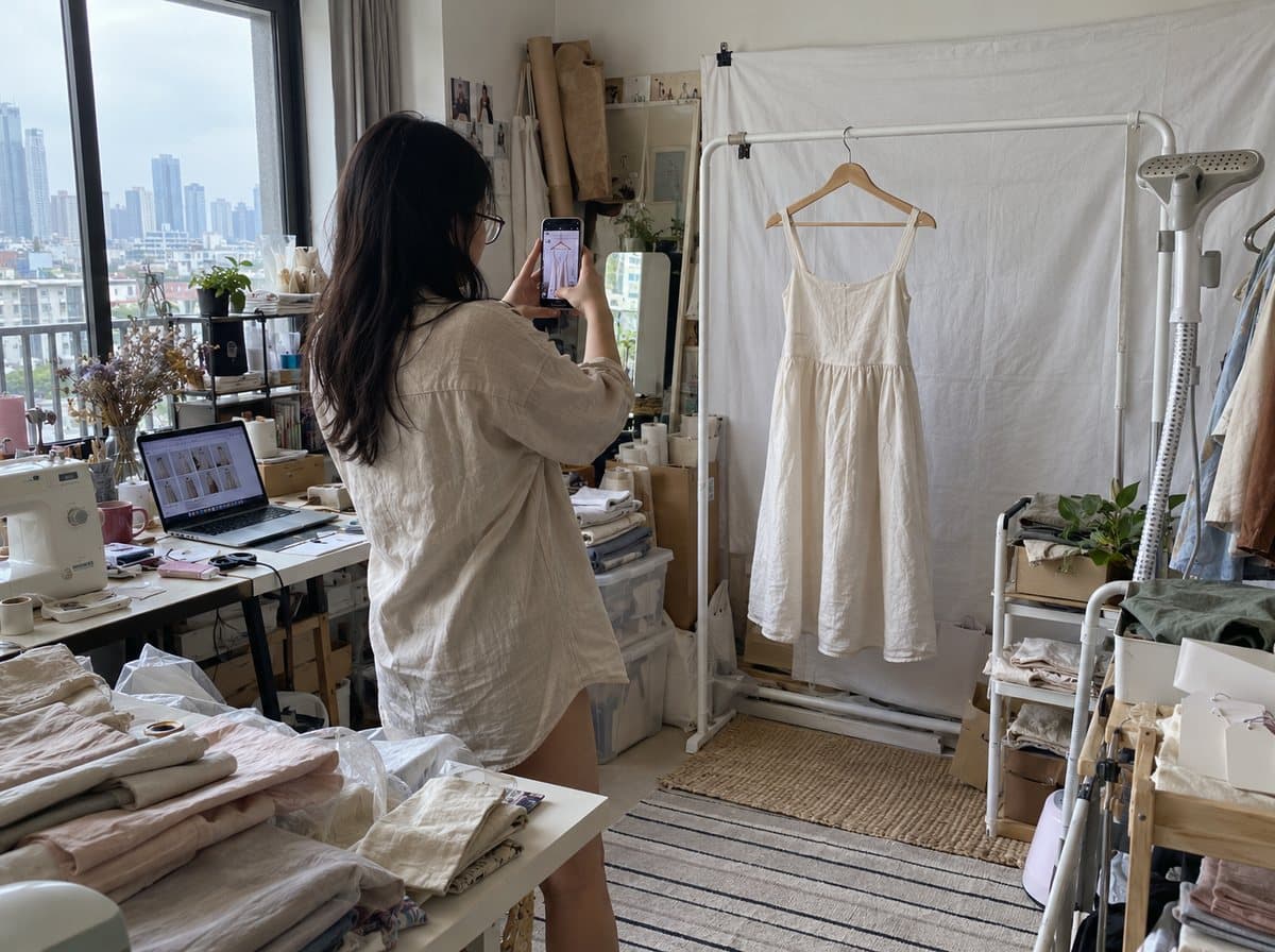 Nara, a Thai fashion label owner, photographing a folded linen dress with her phone in her home studio