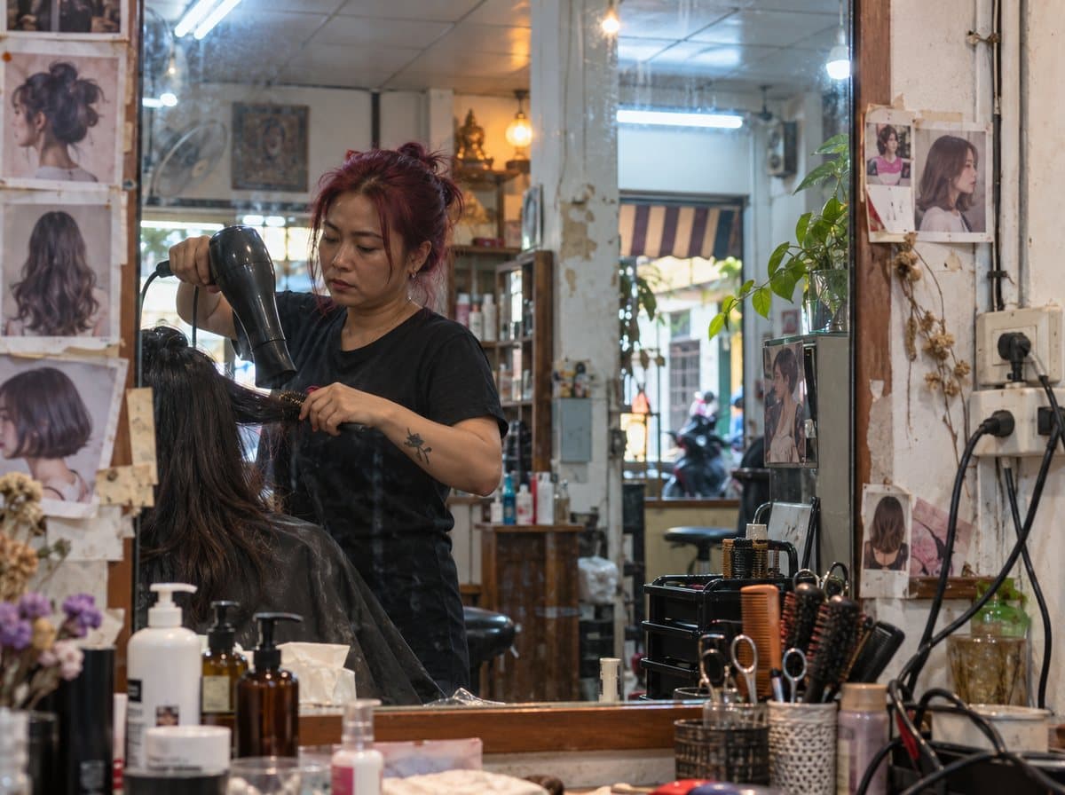 Ploy Hair Studio — a Thai stylist blow-drying a client's hair in a Bangkok salon