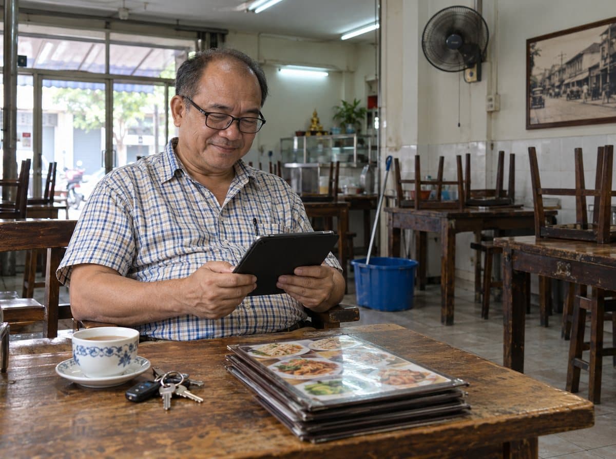 The Corner Table — the owner of a small Bangkok restaurant holding a tablet among the dining tables