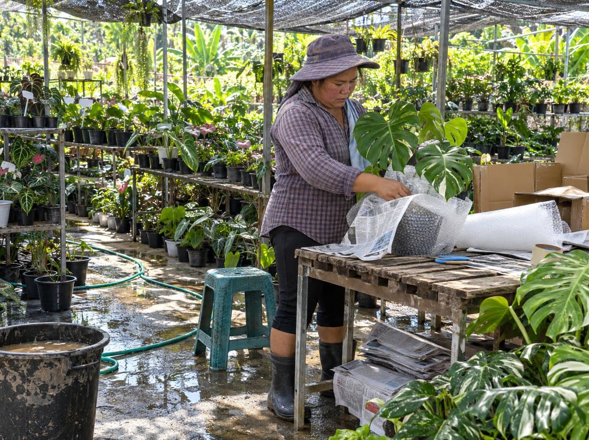 A Thai plant seller in a straw hat wrapping a potted monstera in kraft paper inside a shipping box in her greenhouse