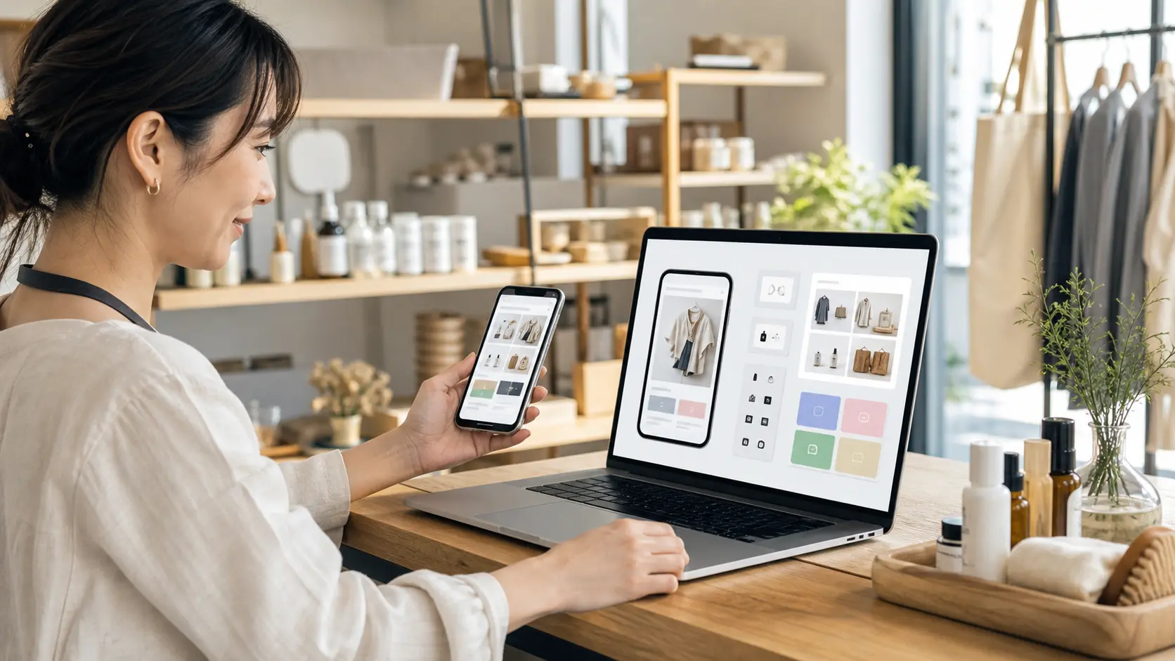日本の小売店でノーコードの店舗アプリプレビューをノートパソコンとスマートフォンで確認している様子