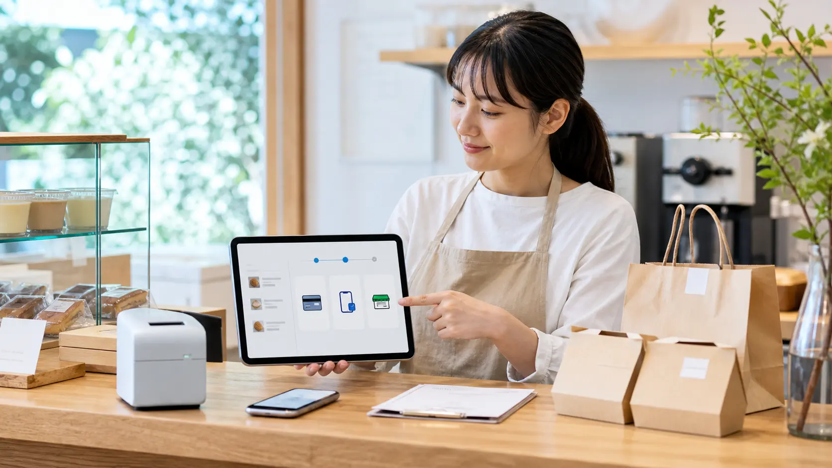日本のカフェでタブレットのオンライン決済画面を確認している様子