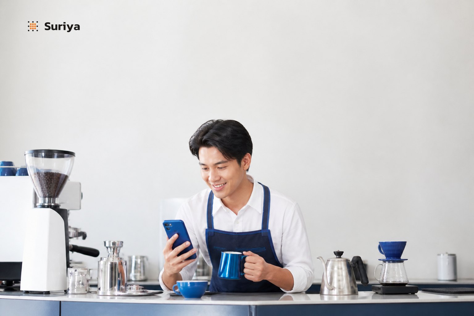 Thai cafe owner managing online orders and loyalty points from a phone using an AI agent