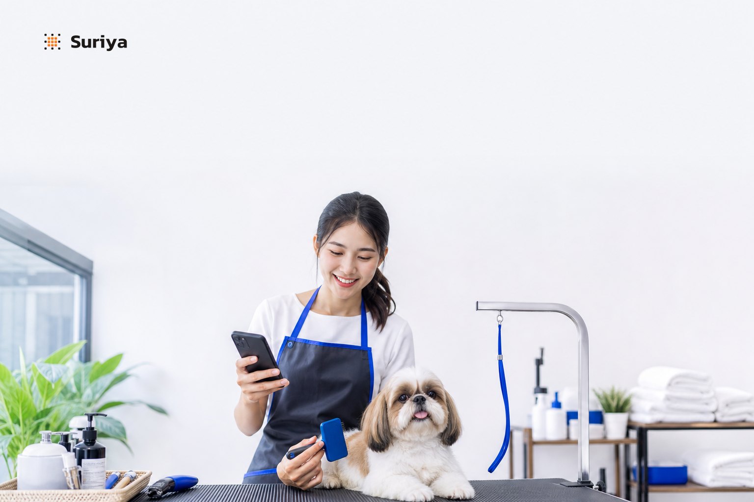 Pet groomer reviewing an AI-powered booking schedule on a tablet next to a grooming table