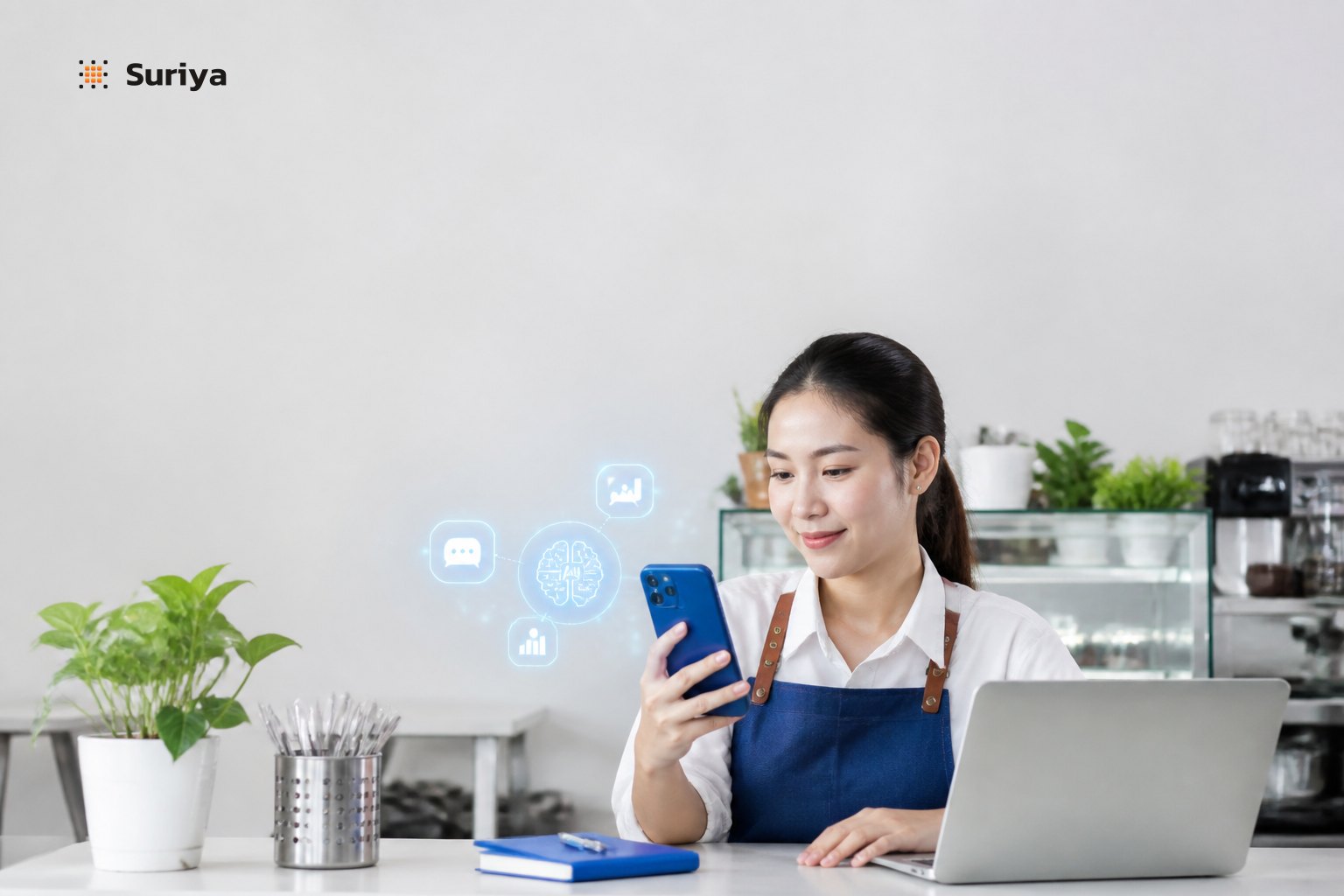 A small business owner describing their shop in one sentence while Suriya's AI generates a complete app with payments, booking, membership, and support in about 60 seconds