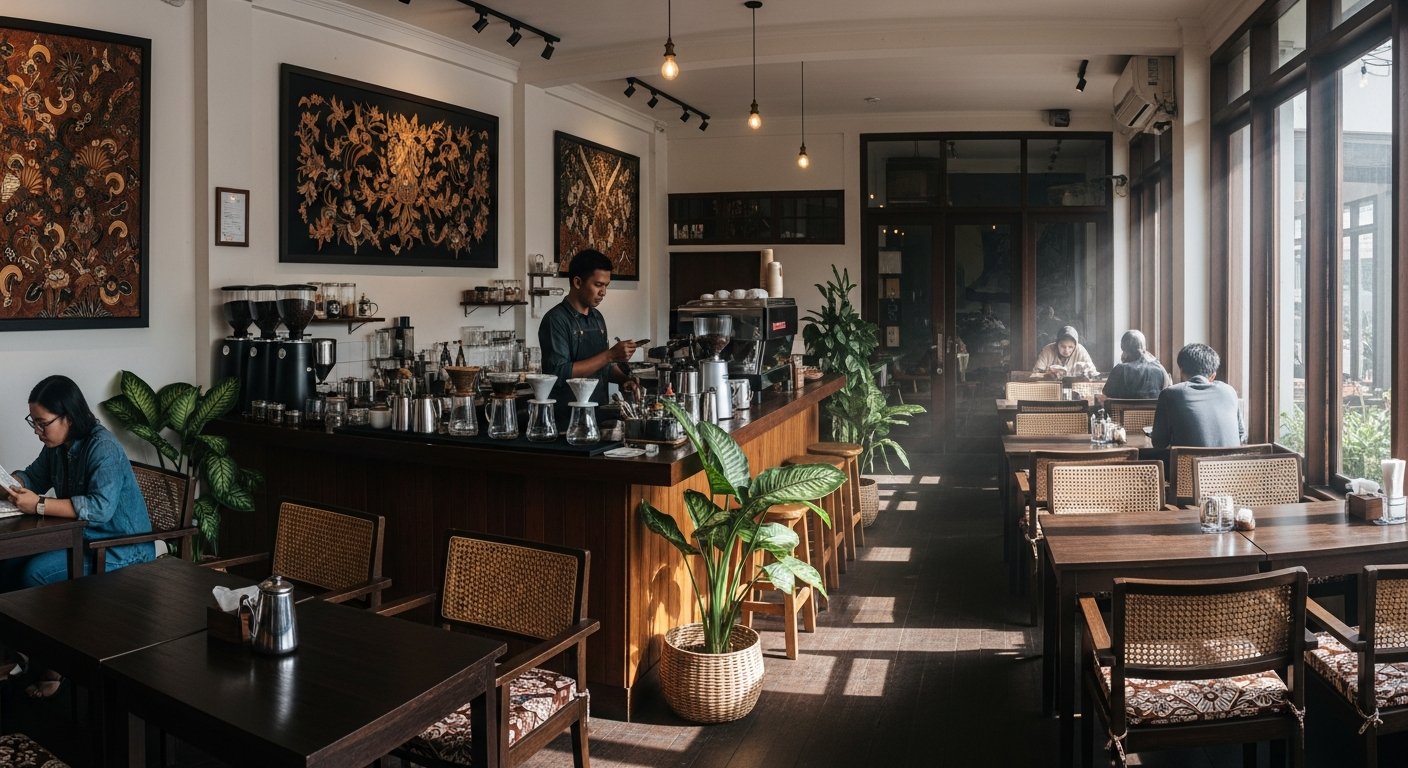 Cozy Indonesian café with latte art and tropical plants
