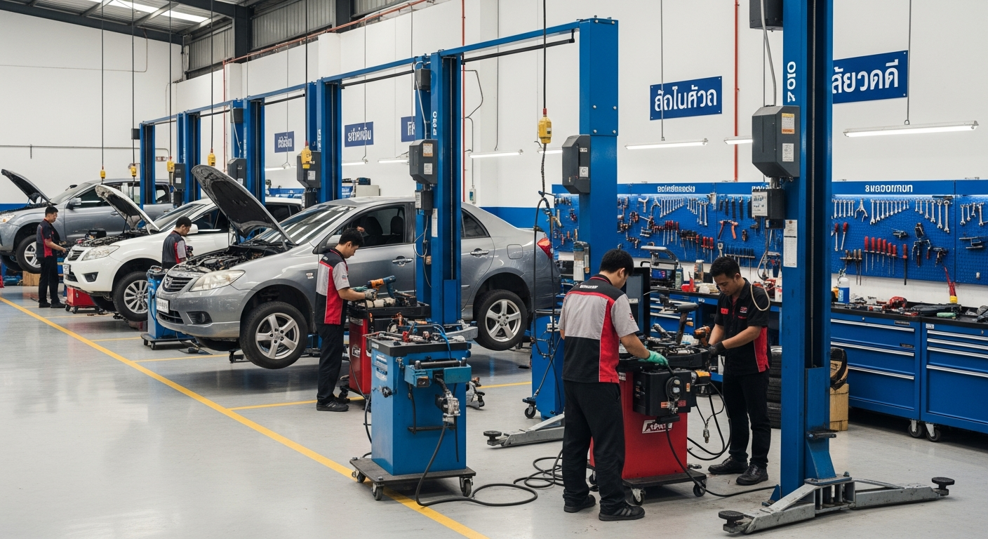 Busy Thai auto repair garage with mechanic working under lifted car