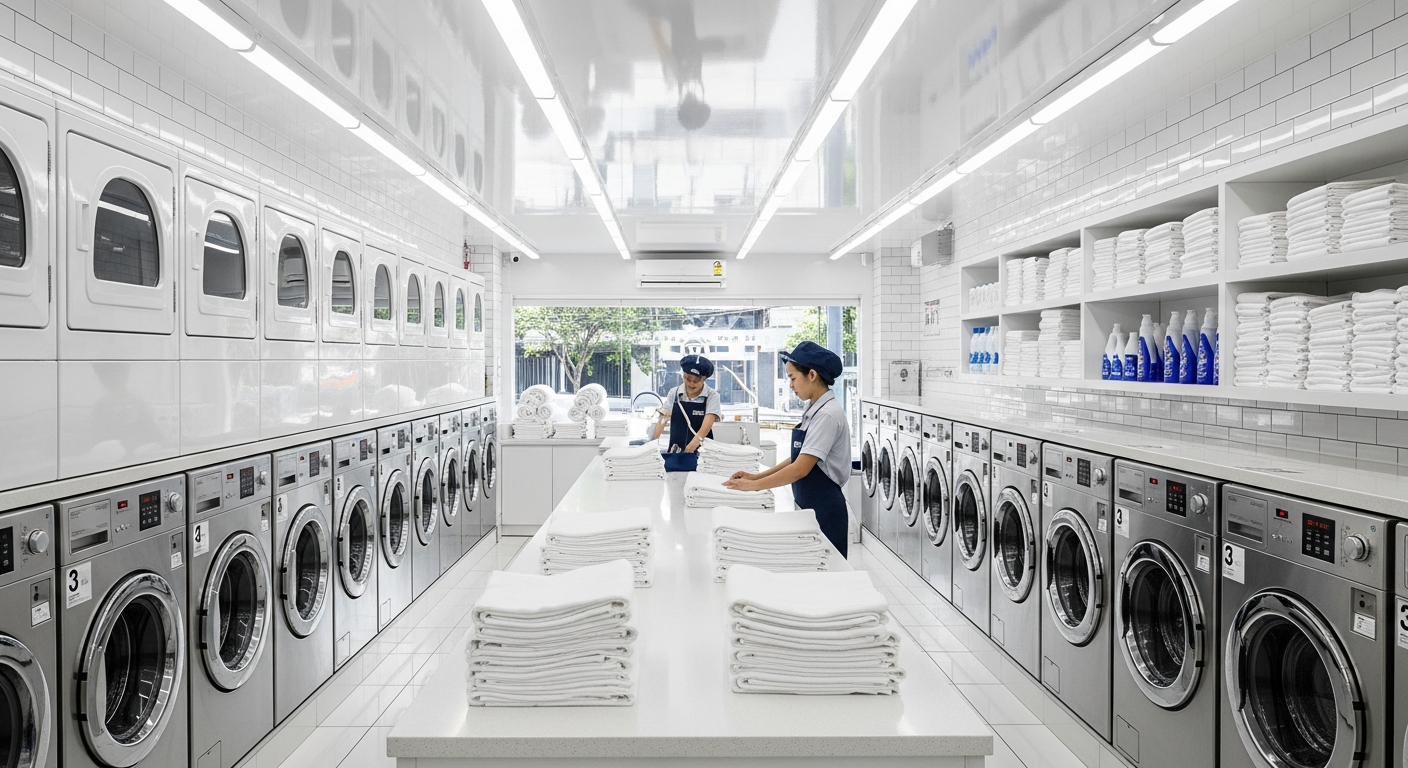 Neighborhood laundry shop in the Philippines with staff folding towels