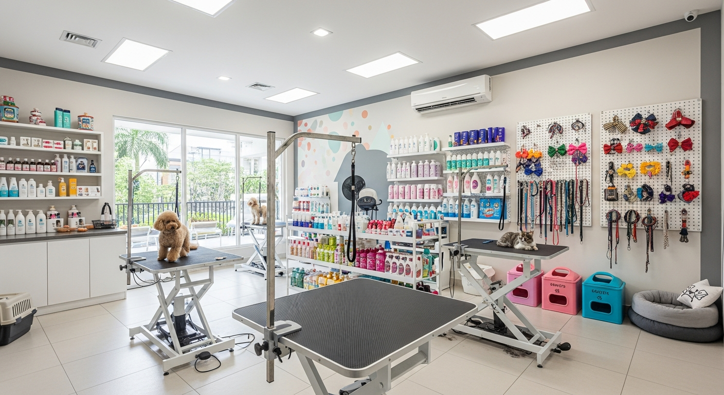 Cheerful Malaysian pet grooming salon with groomer washing a golden retriever
