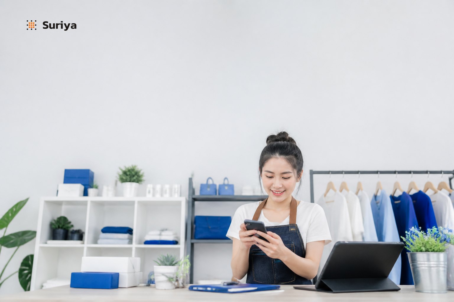 A solo shop owner relaxing while an AI business manager handles orders, inventory, customer messages, and daily reports on a phone