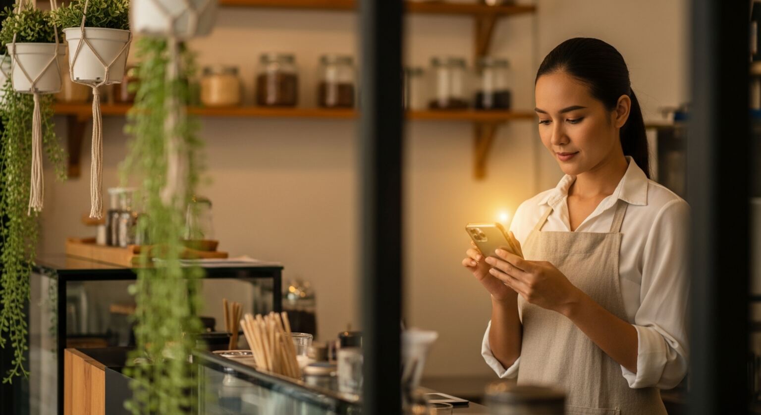 A Thai cafe owner standing at her counter in warm morning light, calmly typing a short message to Maya on her phone
