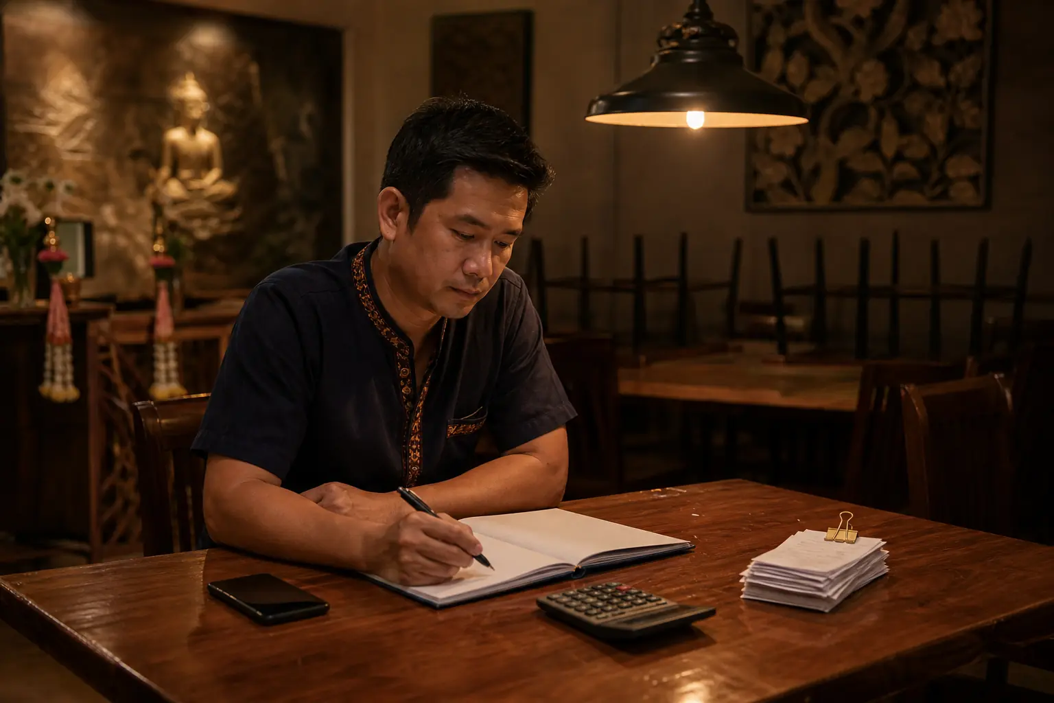 A restaurant owner at a cleared table after closing, with a paper ledger and a calculator