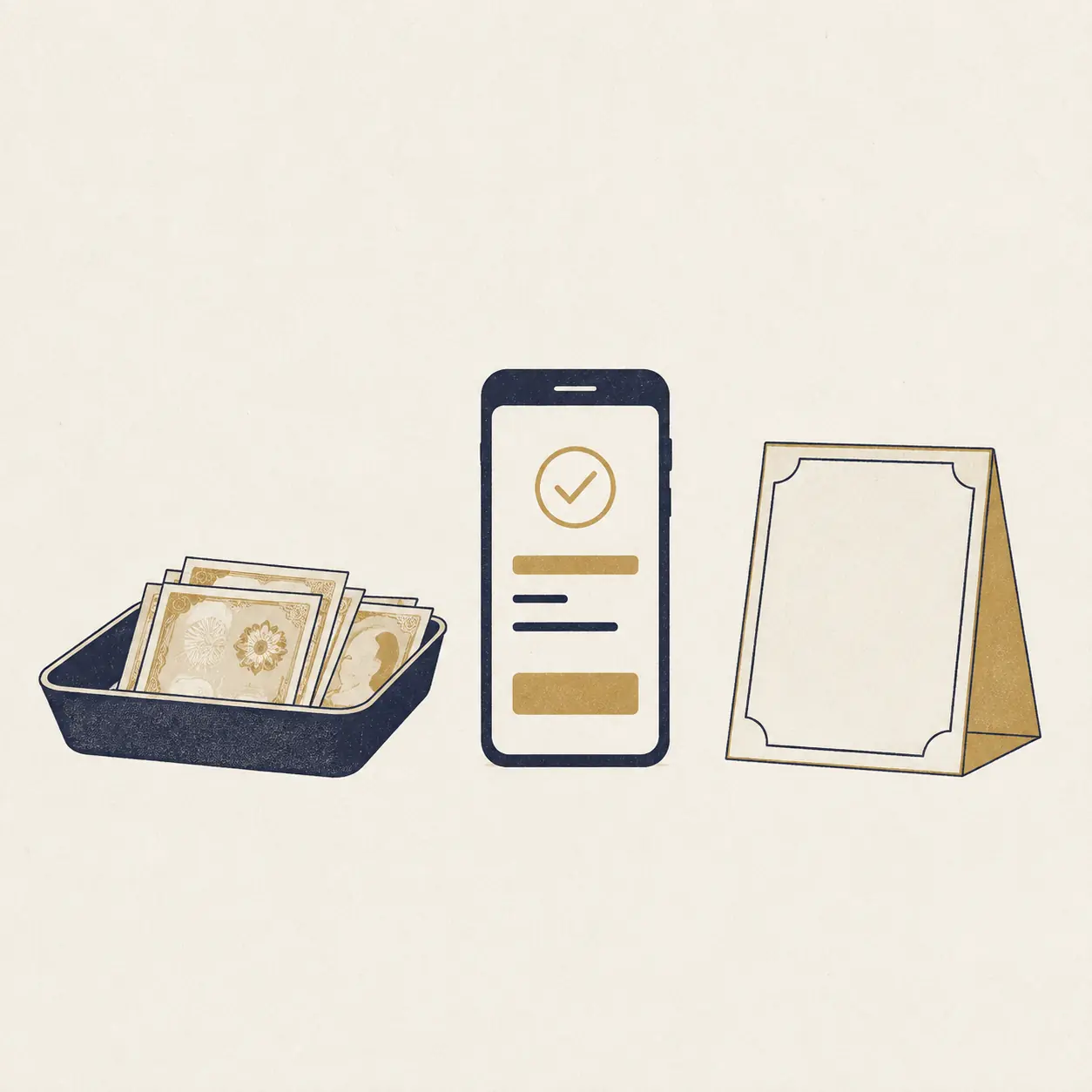 Flat illustration of three Thai payment moments: a cash tray, a bank app and a QR standee