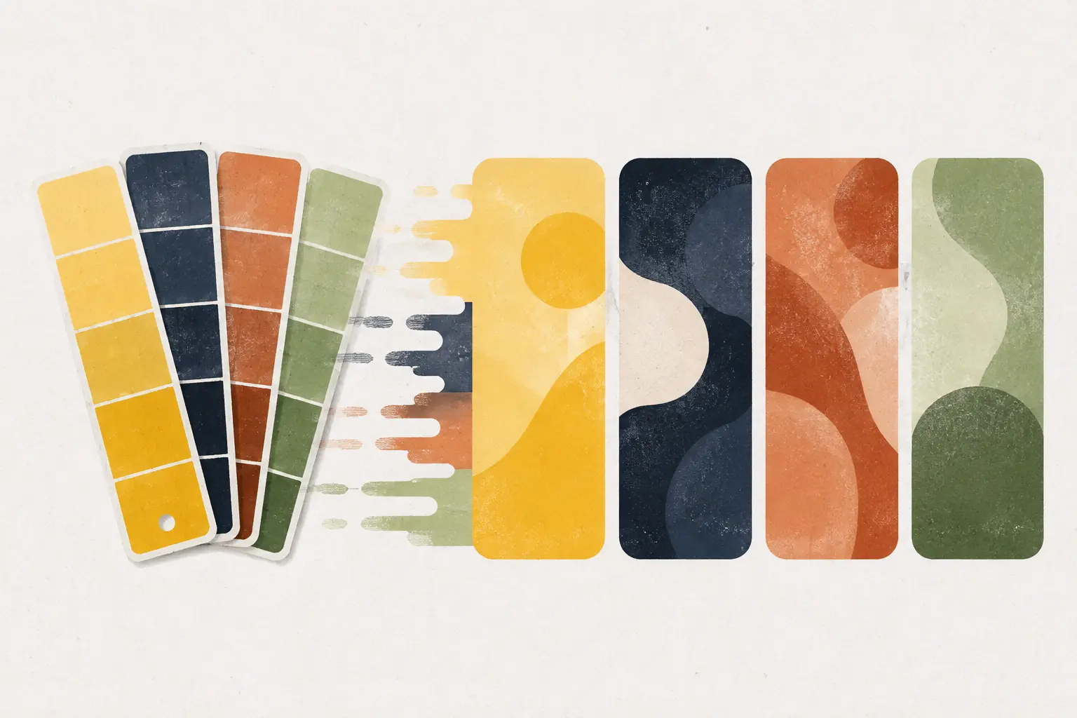 Illustration of a fan of paint swatches turning into four phone-shaped panels