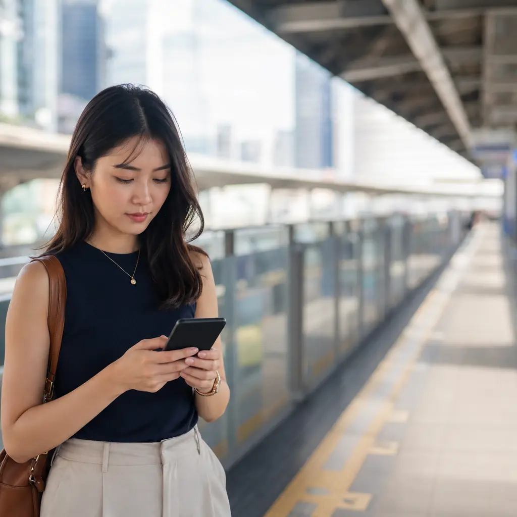 A woman on a BTS platform glancing at her phone as the booking reminder arrives