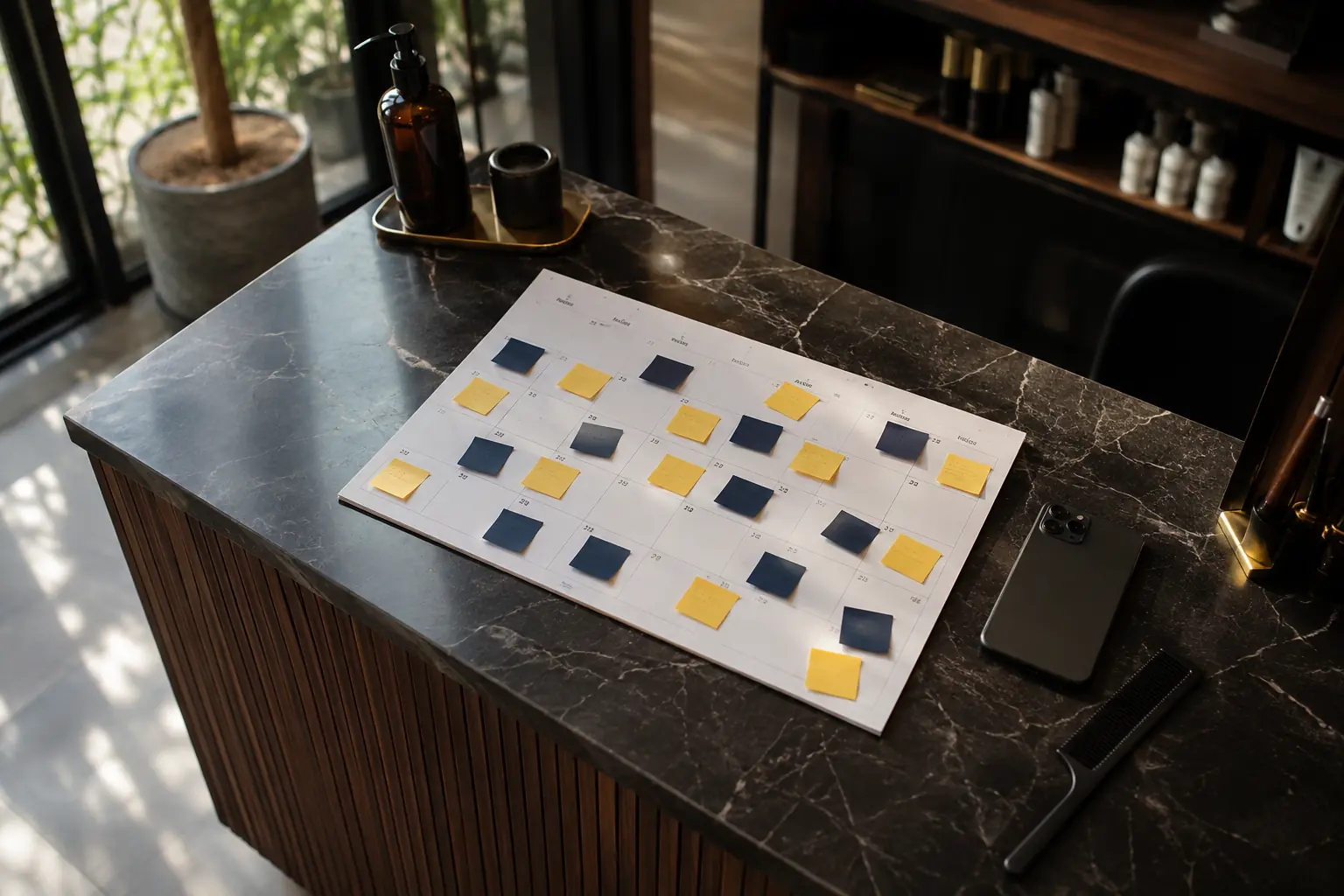 A salon reception counter seen from above, a paper wall calendar filled with sticky notes