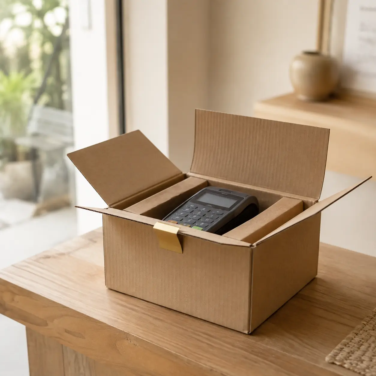 An old card terminal taped shut in a cardboard box on a shop floor