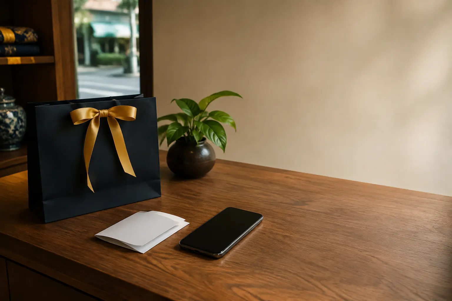 A boutique counter with a phone showing the payment landing in the shop's bank account