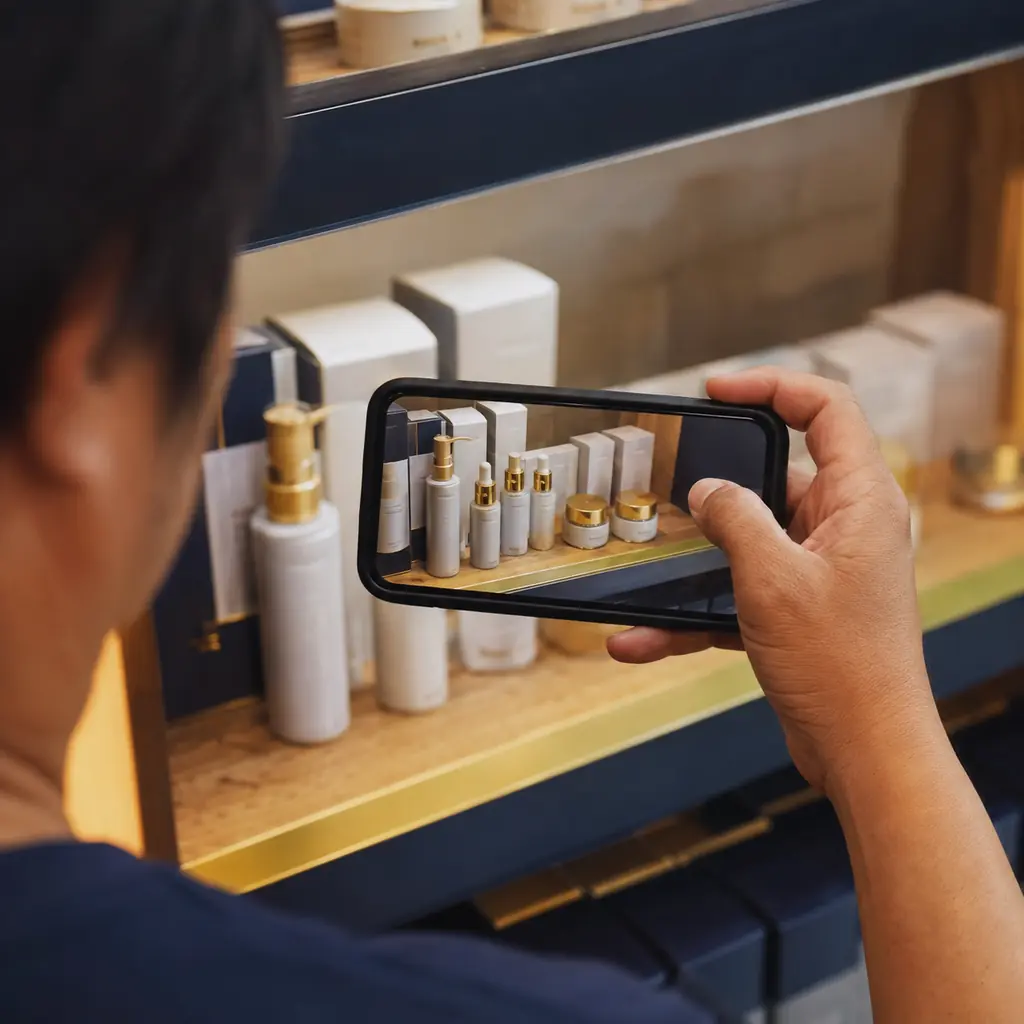 A shop owner's phone camera pointed at a row of skincare bottles on a shelf
