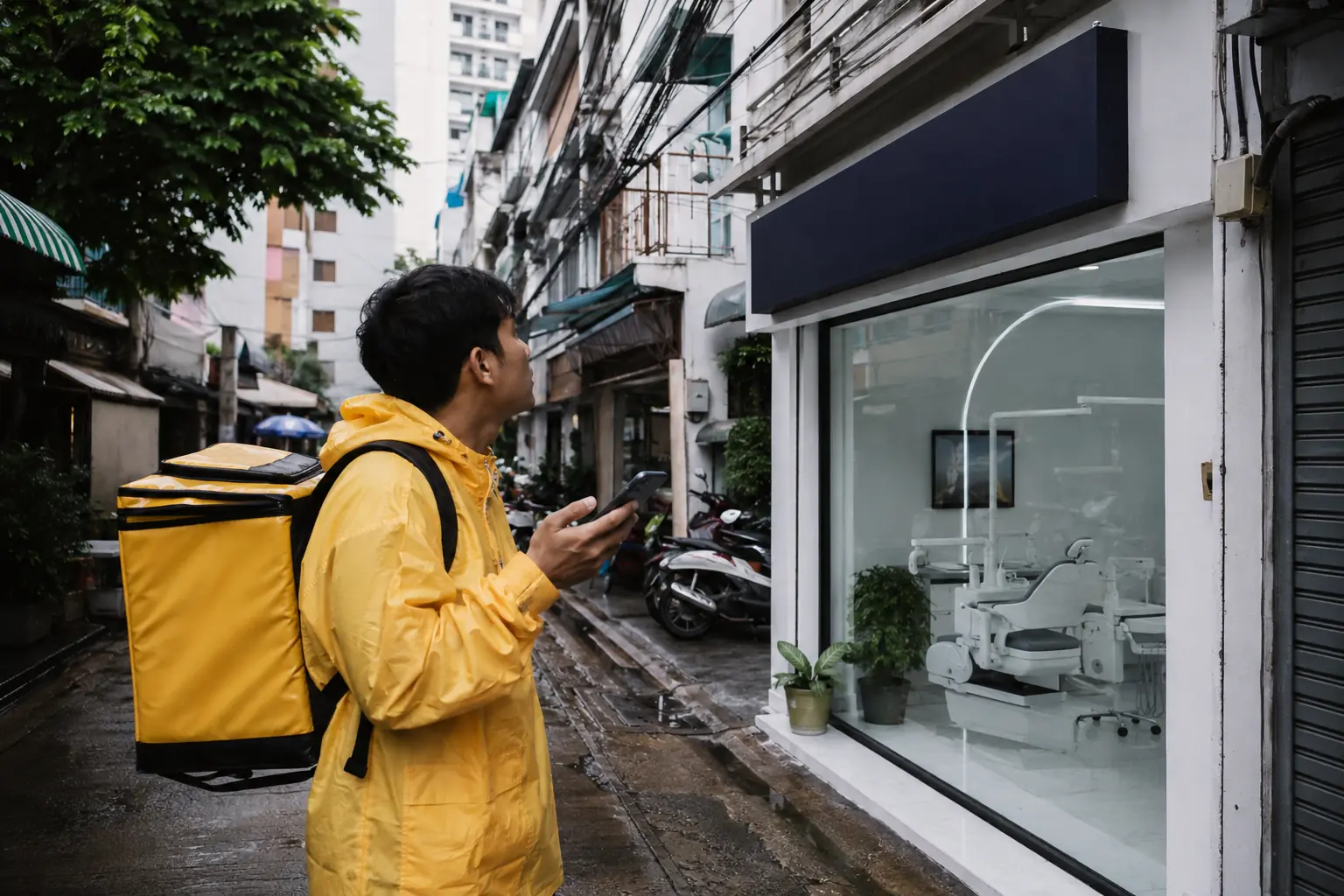 A delivery rider on a Bangkok soi looking up from his phone toward a clinic sign