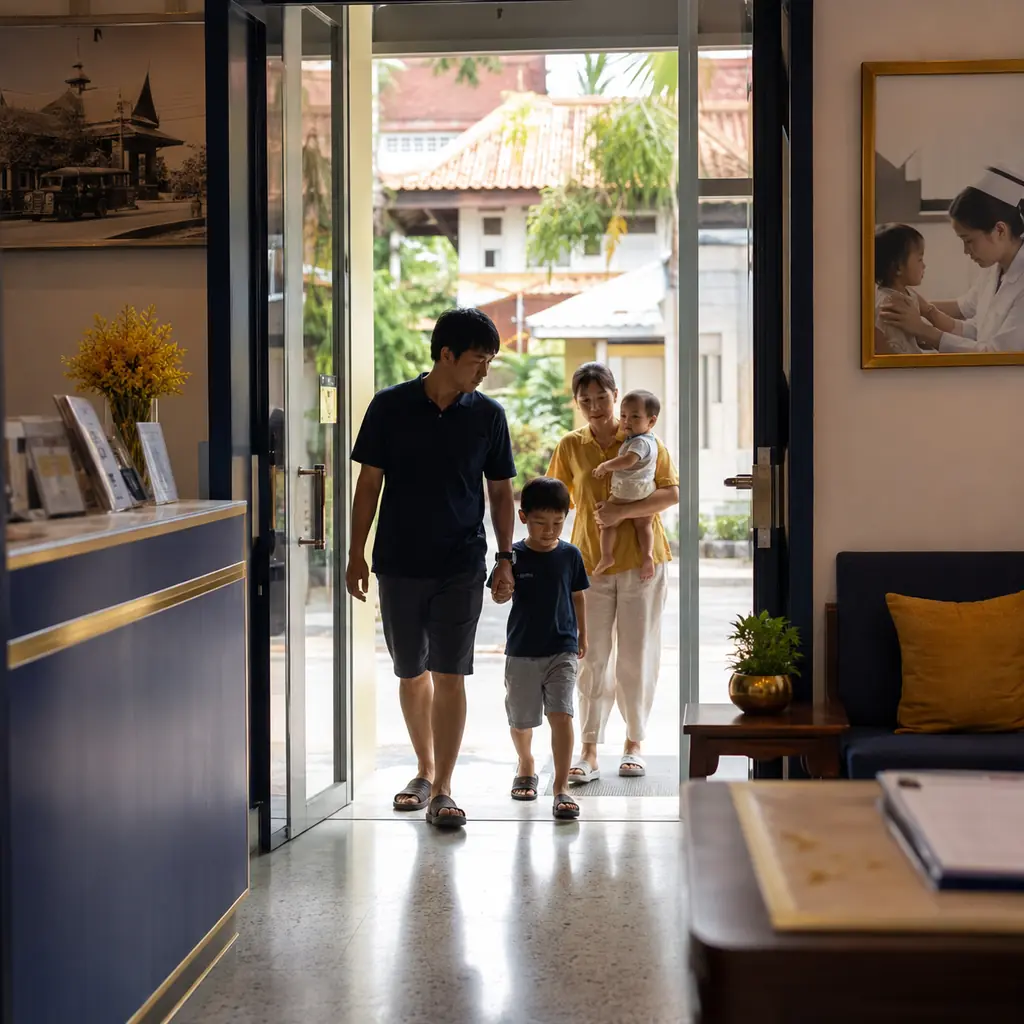 A family walking into a clinic doorway, seen from inside