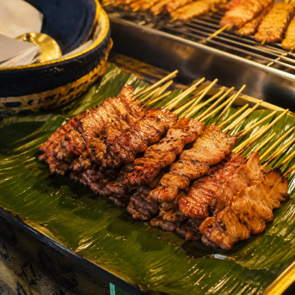Thai grilled pork skewers on a banana leaf at a street stall