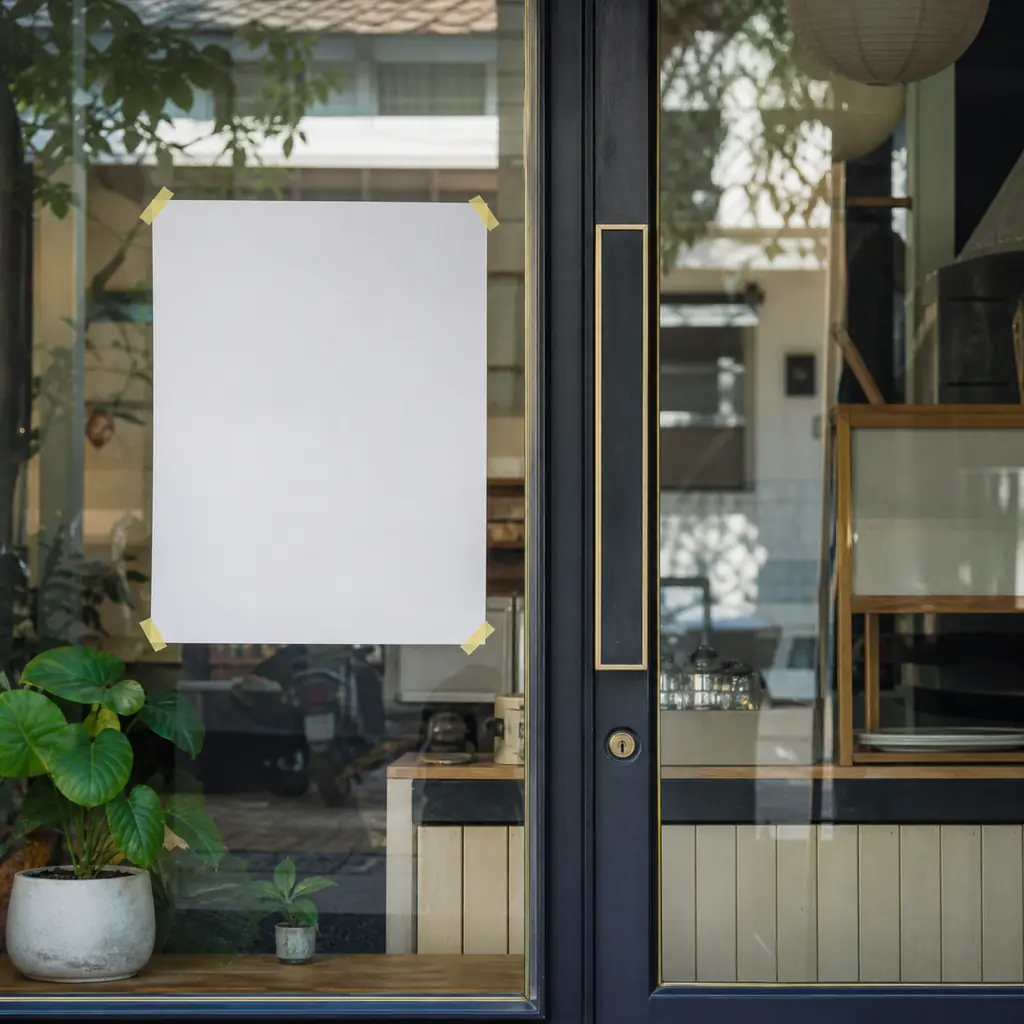 A promotion poster taped inside a Thai shophouse glass door