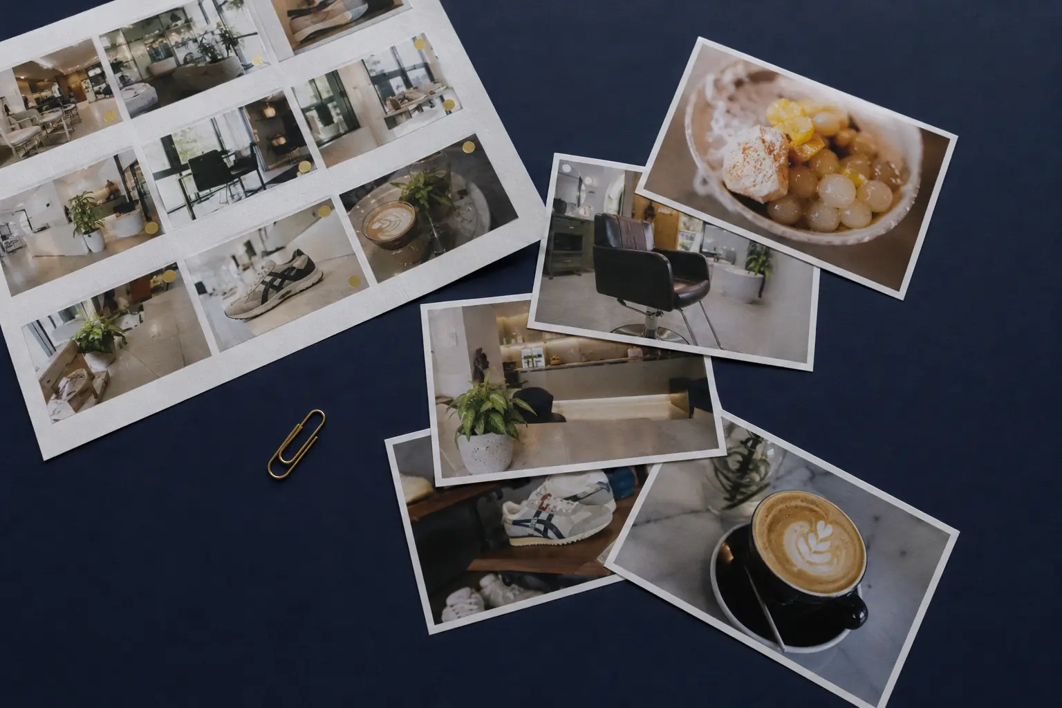 A printed contact sheet and five photo prints fanned on a matte navy table