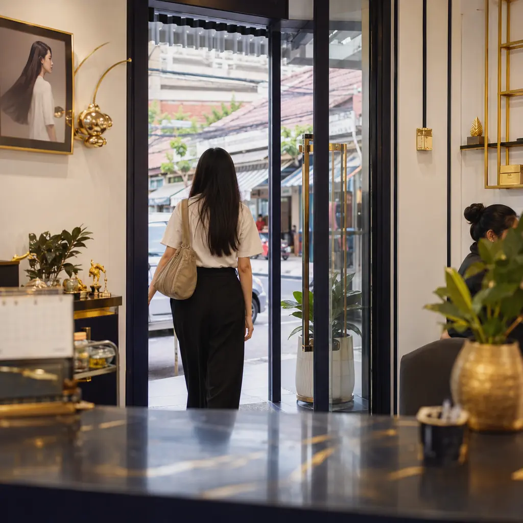 The same customer returning through the salon door, seen from the counter