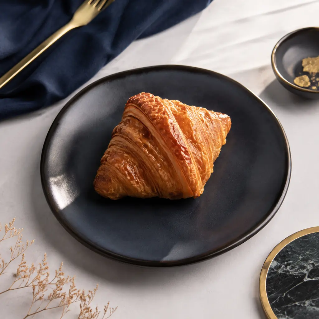 A single croissant on a navy plate, editorial food photograph