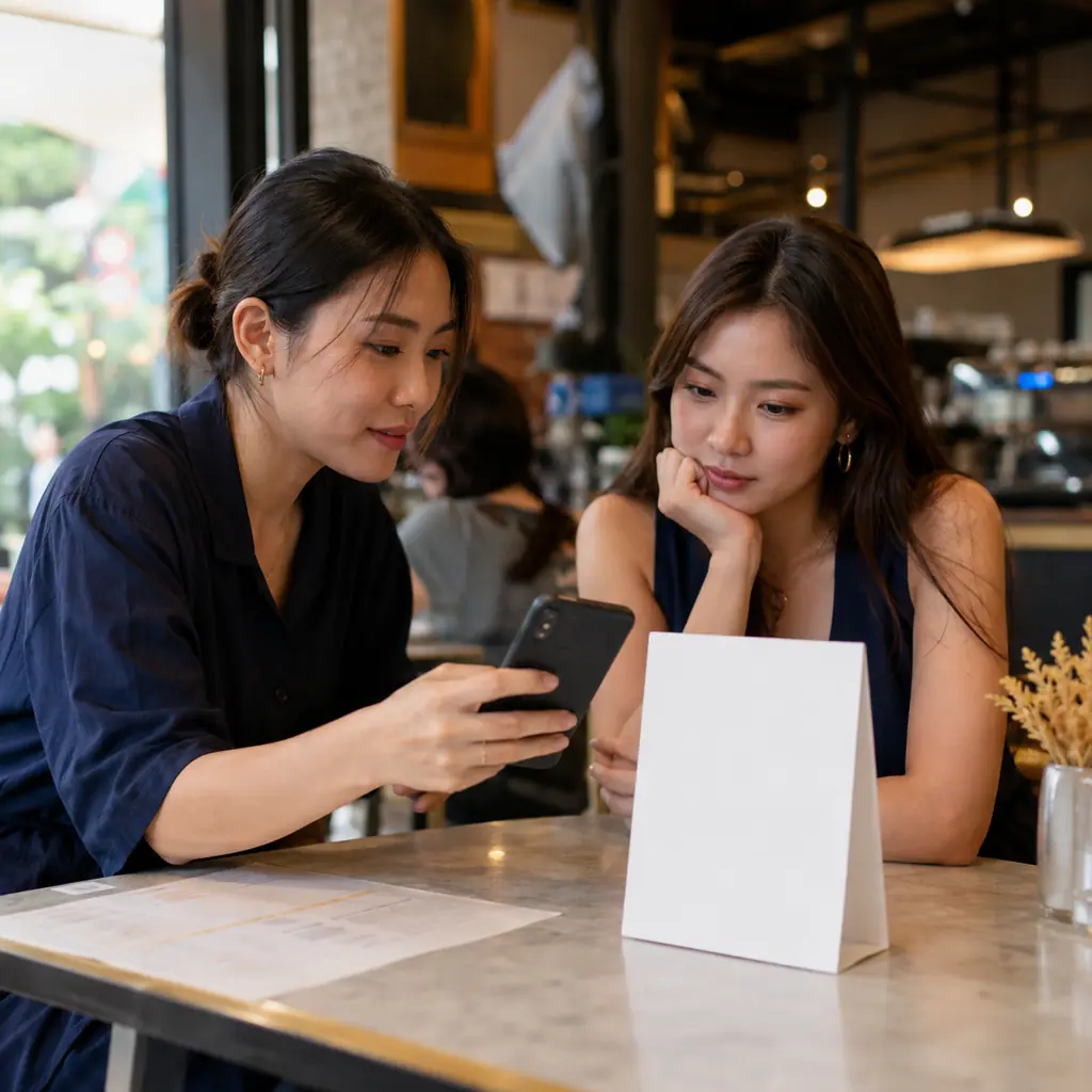 Two friends at a café table pointing a phone at a blank table-tent standee