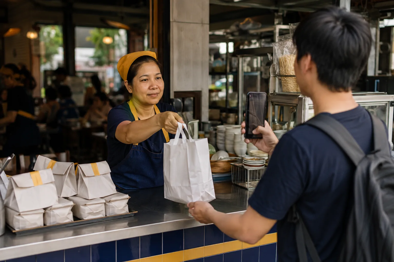 A Thai noodle-shop owner handing a packed takeaway order across the counter to a customer holding a phone, with prepared orders waiting beside her