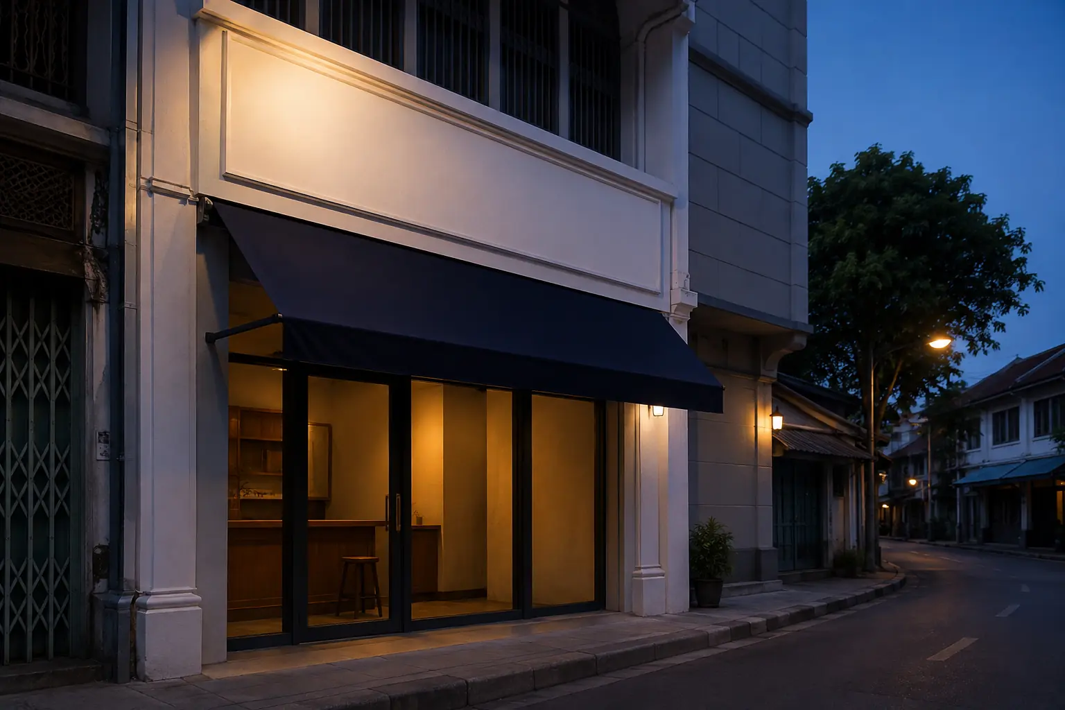 A Thai shophouse façade at blue hour with the shop's own web address beside it
