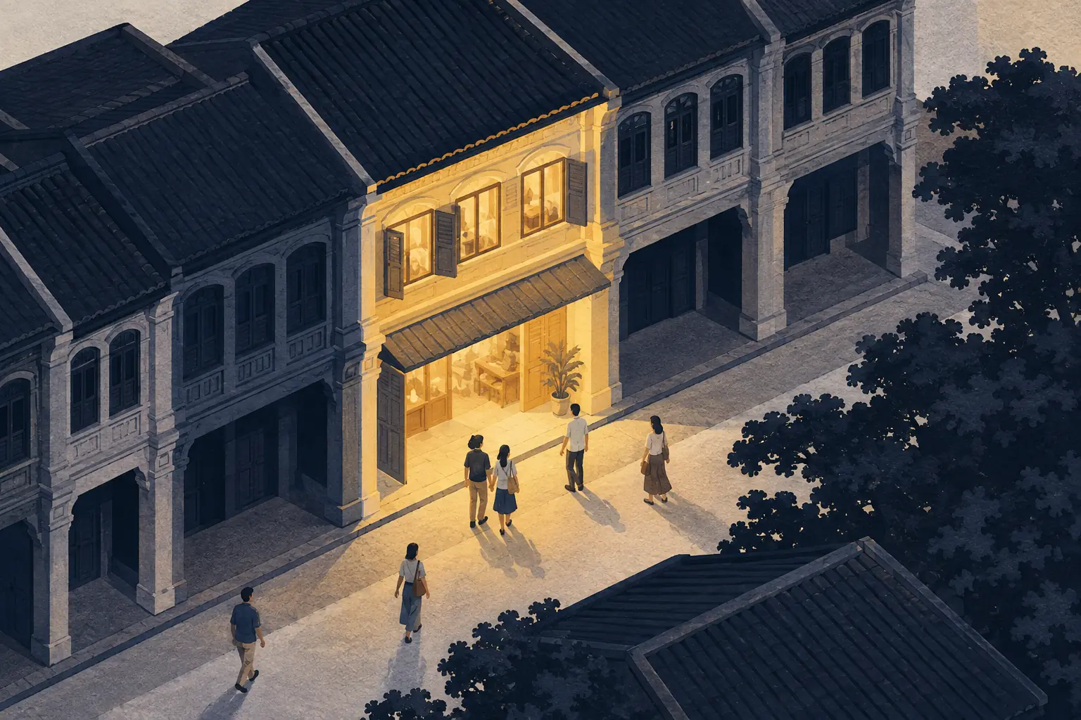 Isometric illustration of a Thai shophouse street at dusk with one shop lit warm