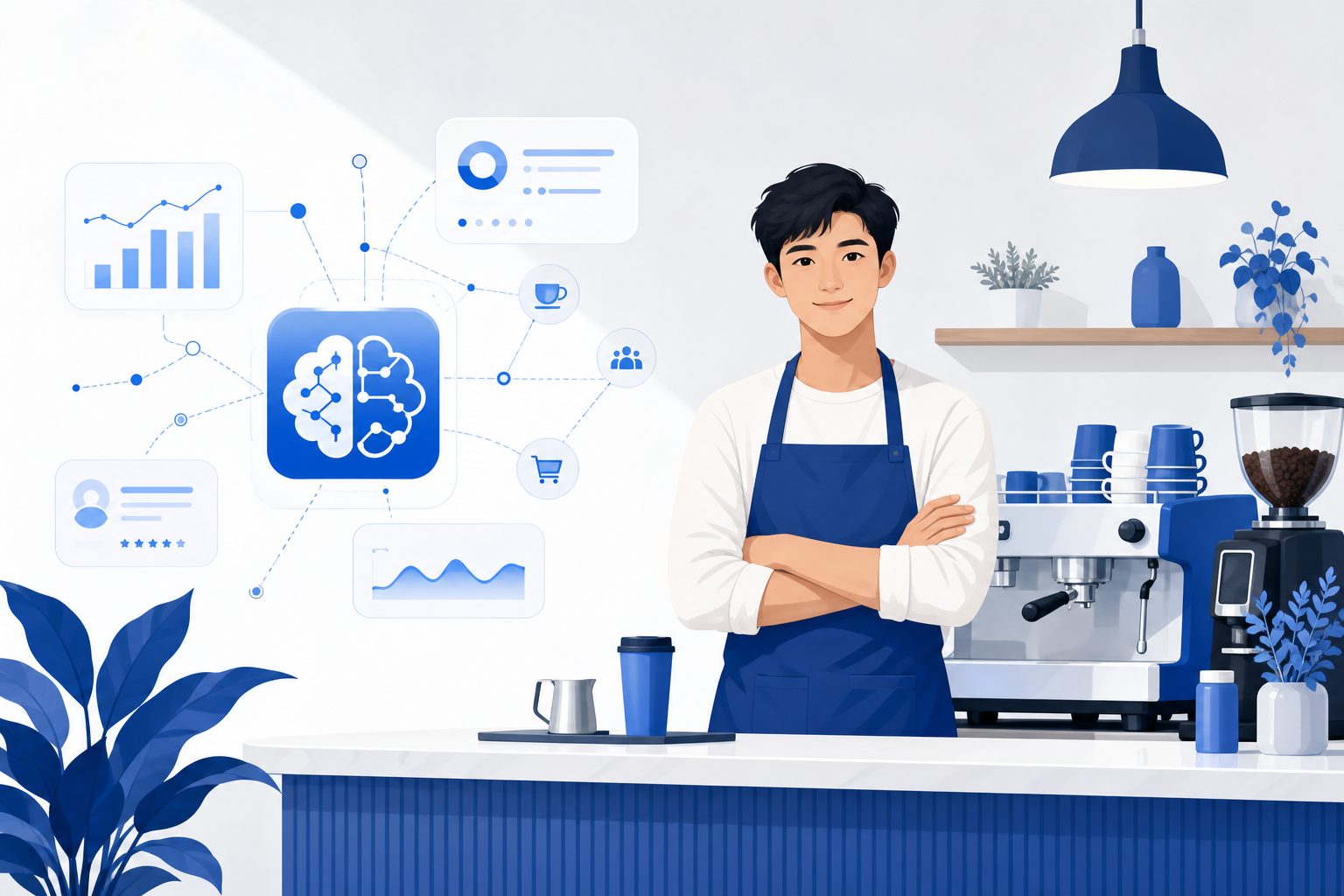 Coffee shop barista using Suriya app for pre-orders and loyalty