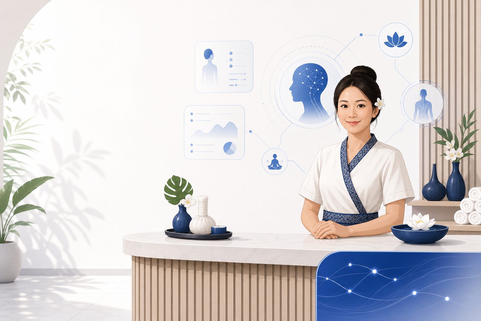 Thai massage therapist managing appointments via a branded mobile app