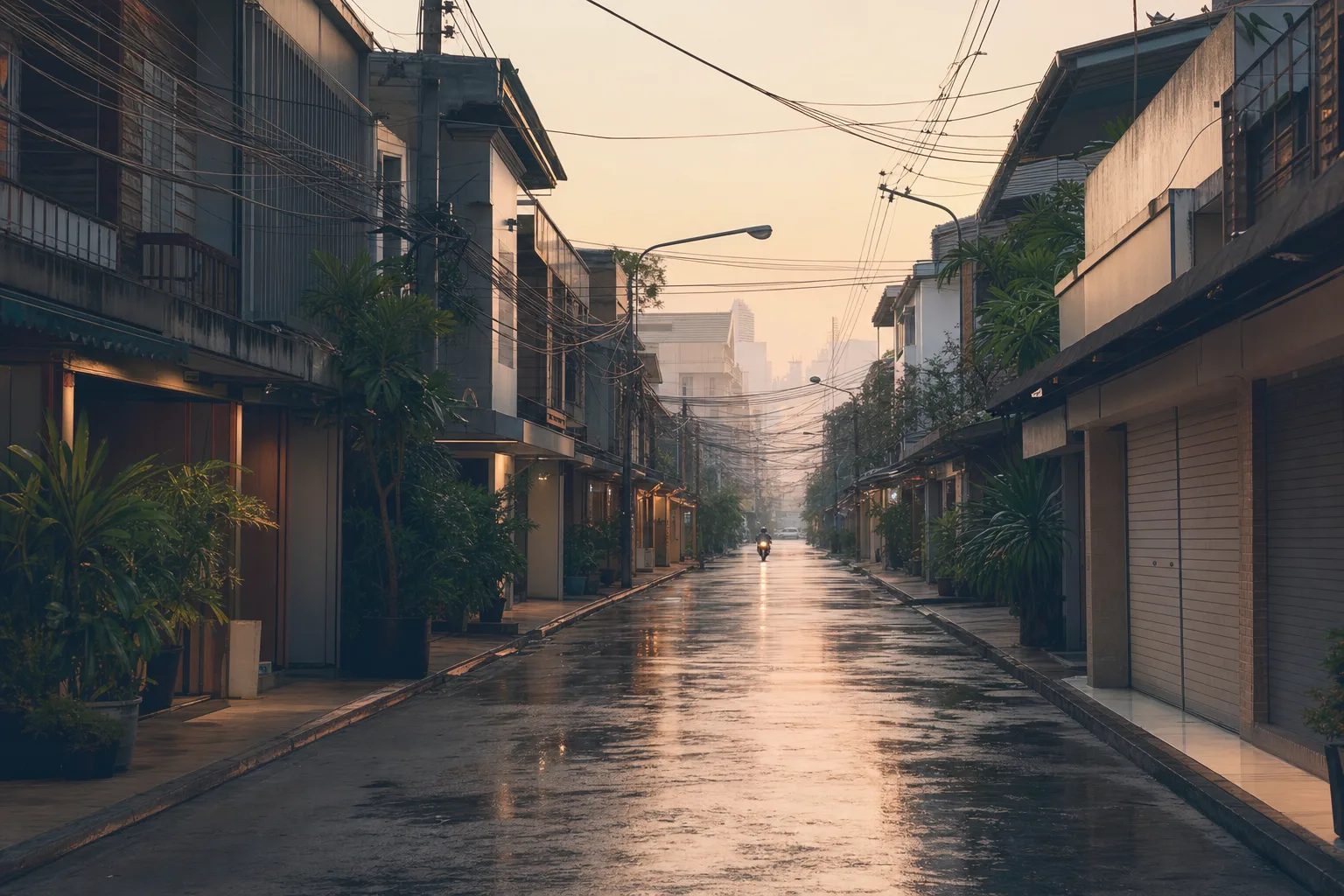 A quiet street of Bangkok shophouses at first light, wet pavement reflecting a pale dawn sky