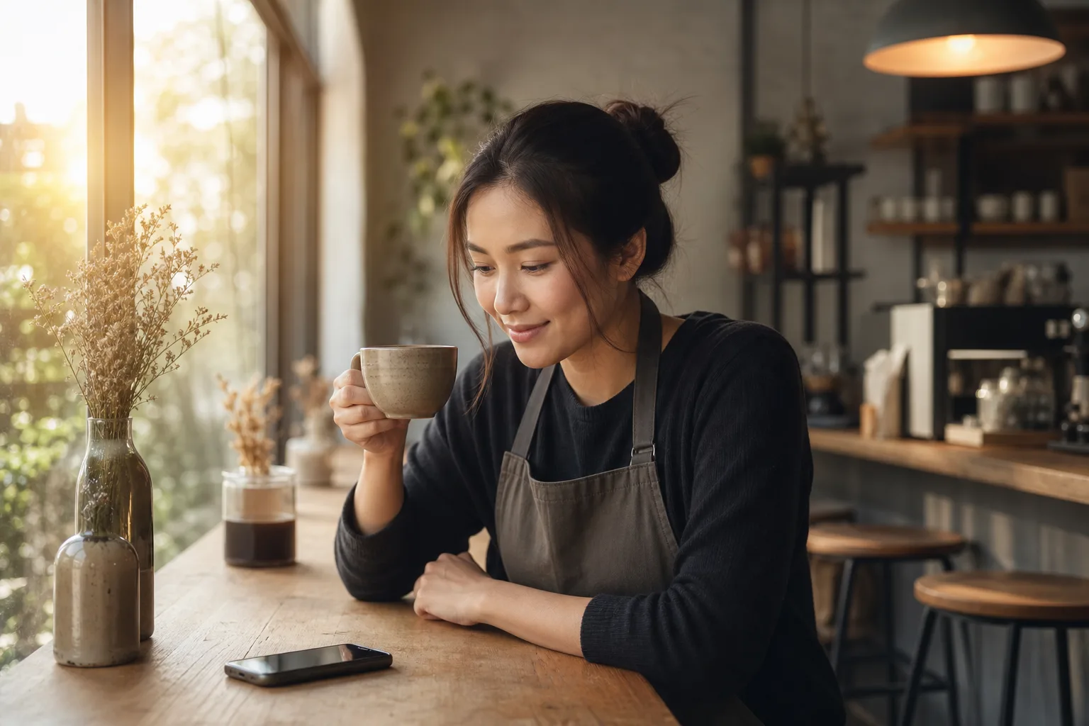 A Thai cafe owner enjoying a calm early-morning coffee at her counter in soft dawn light, phone resting beside her