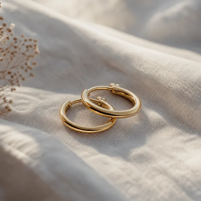 Gold hoop earrings on pale linen cloth
