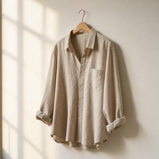 Sand-beige linen shirt on a wooden hanger