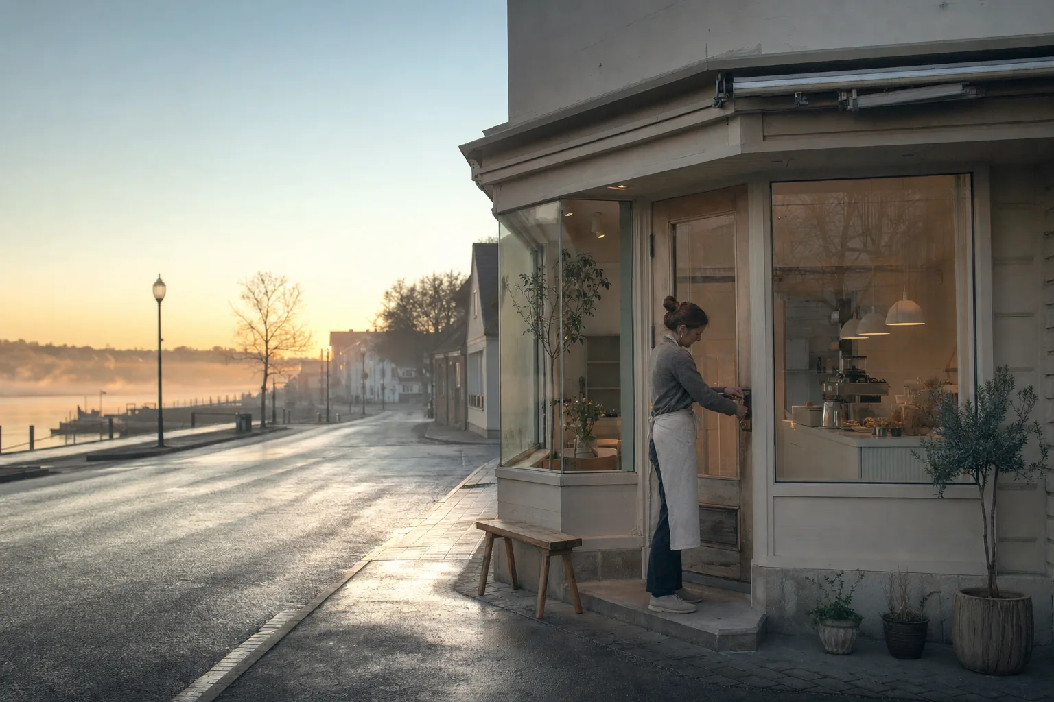 A shop owner alone at first light, unlocking the front door of a small minimal café on an empty street