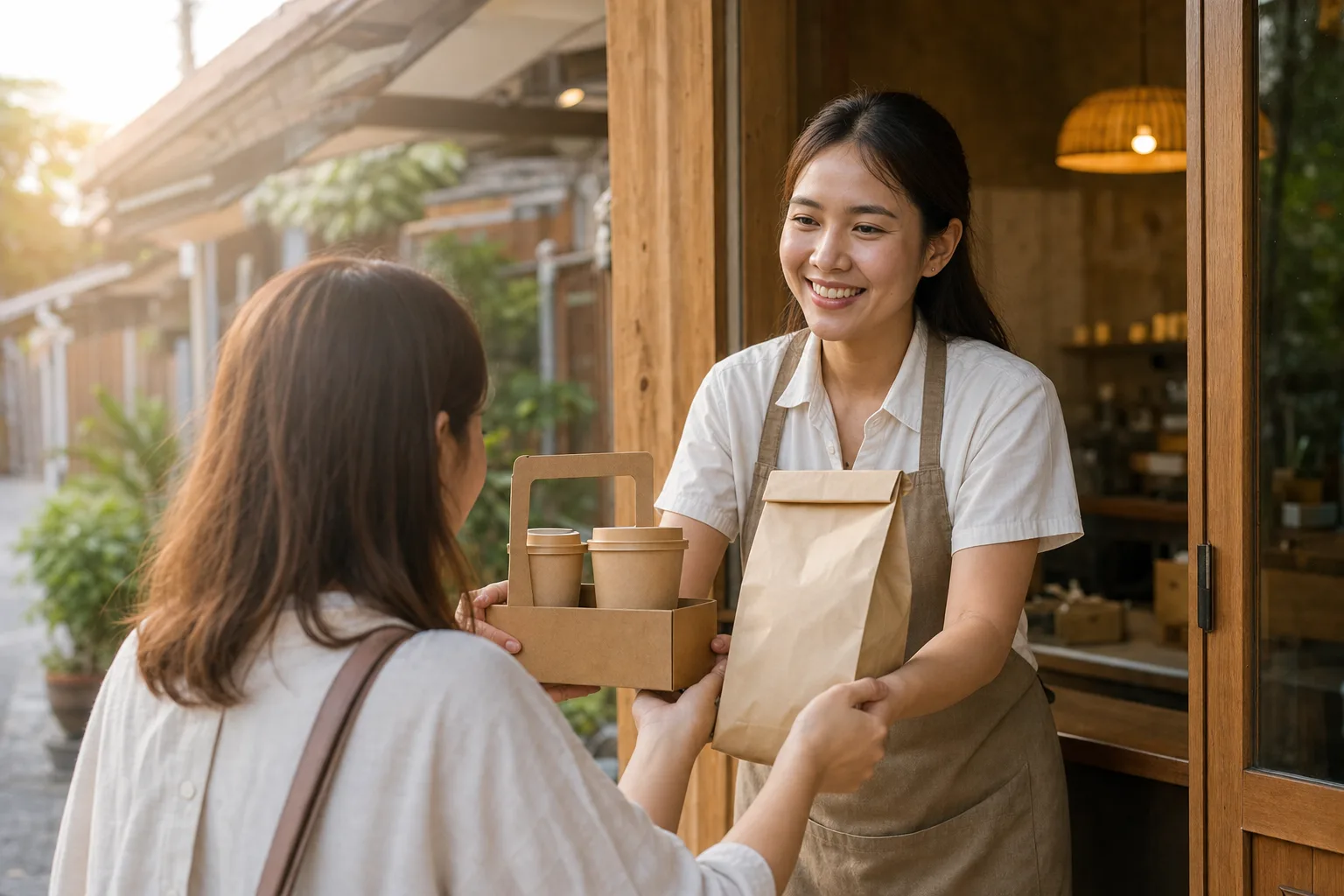 A kraft coffee carrier and pastry bag being handed to a customer at a bright doorway