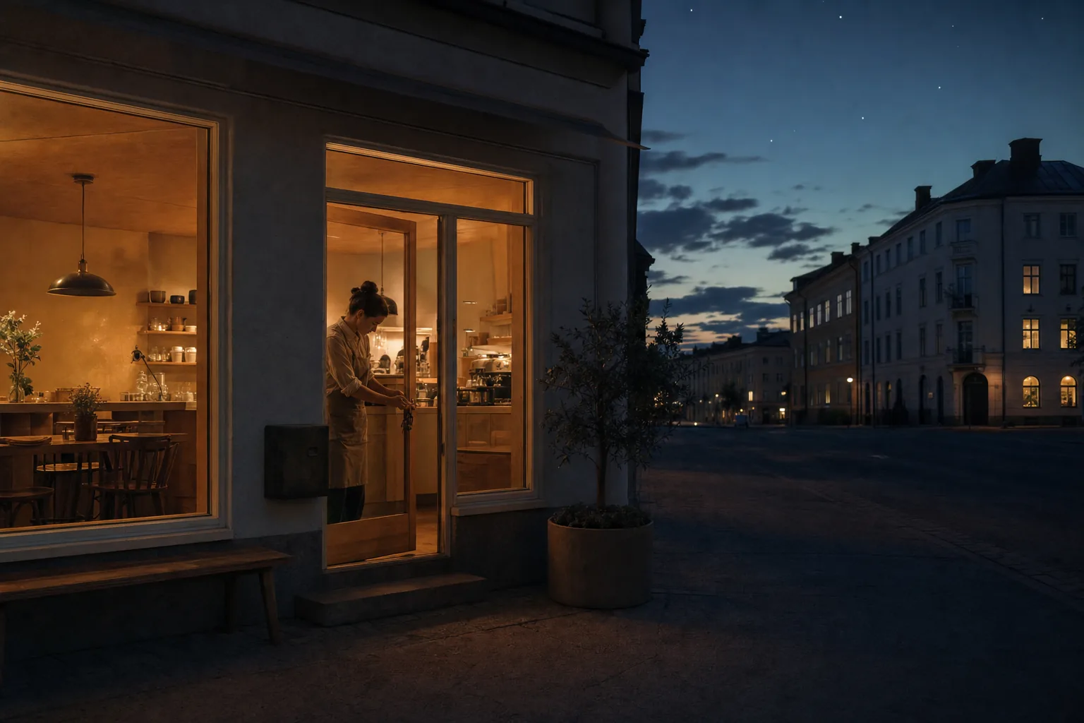 The café at deep blue dusk — the owner locking the front door while warm light glows from the windows